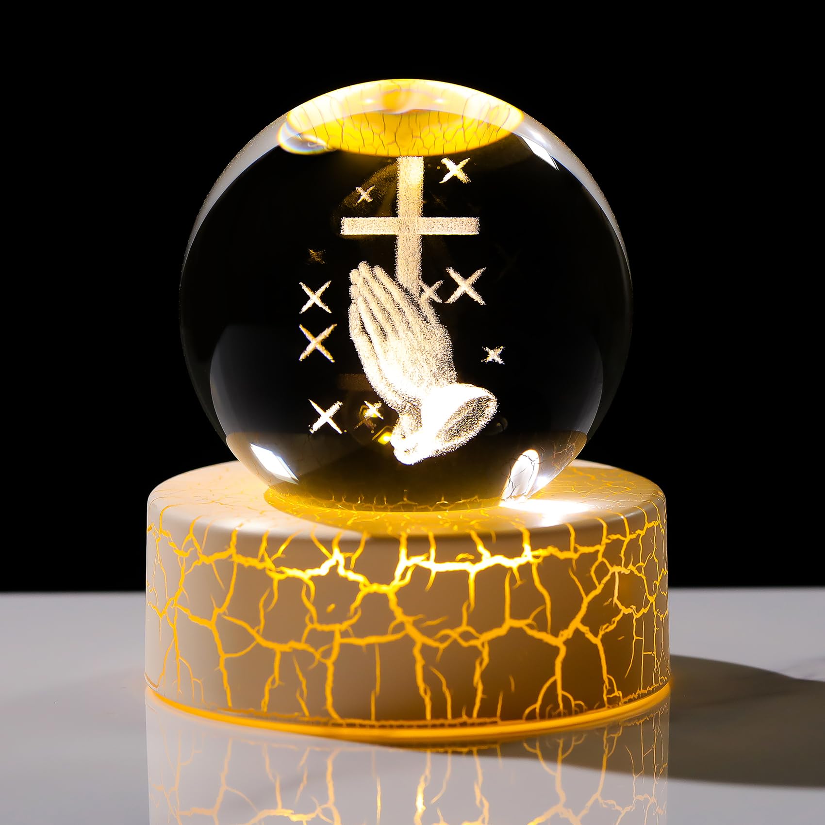 Movdyka Crystal 3D Cross in Praying Hands 2.36in Ball Statue Christian Gifts for Women Men, Glass Religious Gift Sphere for Room with Warm Light Crucifix Catholic Presents for Home Ornaments