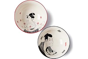 BICETTO Ramen Bowl Set 45oz, 8inch, Japanese Ukiyo-e Design - Perfect for Ramen, Pho, and Noodles-Durable Ceramic Bowls, Micr