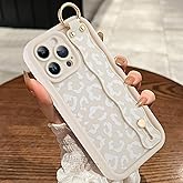 MOWIME Compatible with iPhone 15 Pro Max Case with Wrist Strap, [Upgraded] Adjustable Wristband Kickstand Case for Women Girls, Cheetah Print Shockproof Silicone Protective Cover 6.7 inch, White