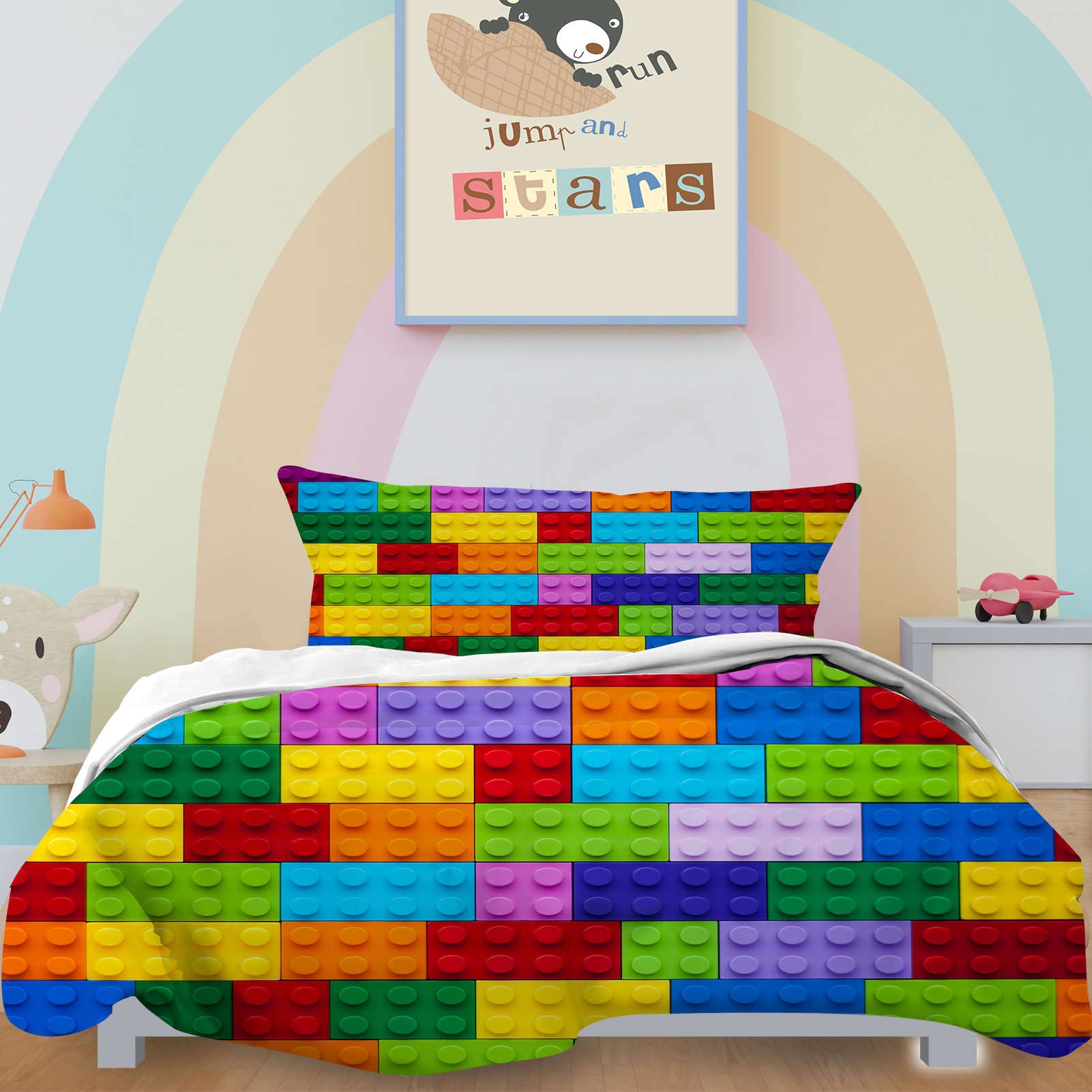 YUANZU Building Block Duvet Cover Set Single for Kids Nursery Baby Bedding Set 2 Pieces Colorful Toy Cubes Blocks Printed Soft Microfiber Quilt Cover with Zipper Closure (135x200cm & 1Pillowcase)