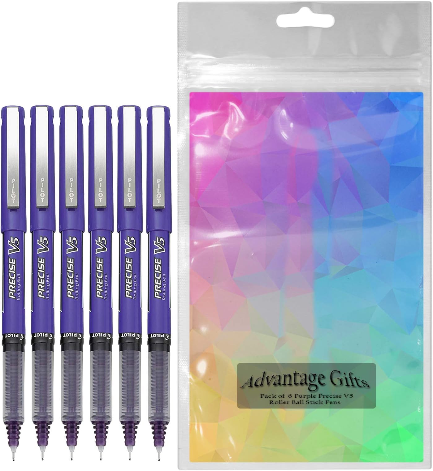Pilot Precise V5 Stick Rolling Ball Pens, Extra Fine Point (.5mm), Purple Ink, 6-pk; Bundle with Plastic Reusable Pouch