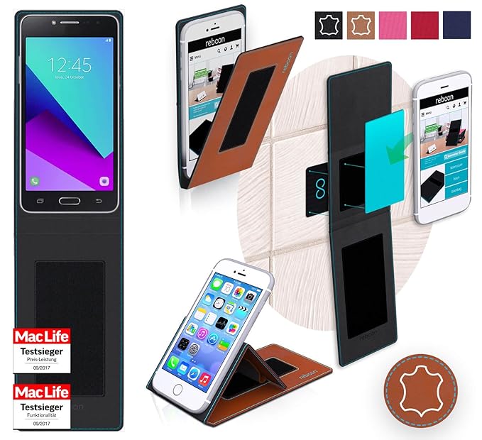 reboon Hülle für Samsung Galaxy J2 Prime Tasche Cover Case Bumper | Braun Leder | Testsieger