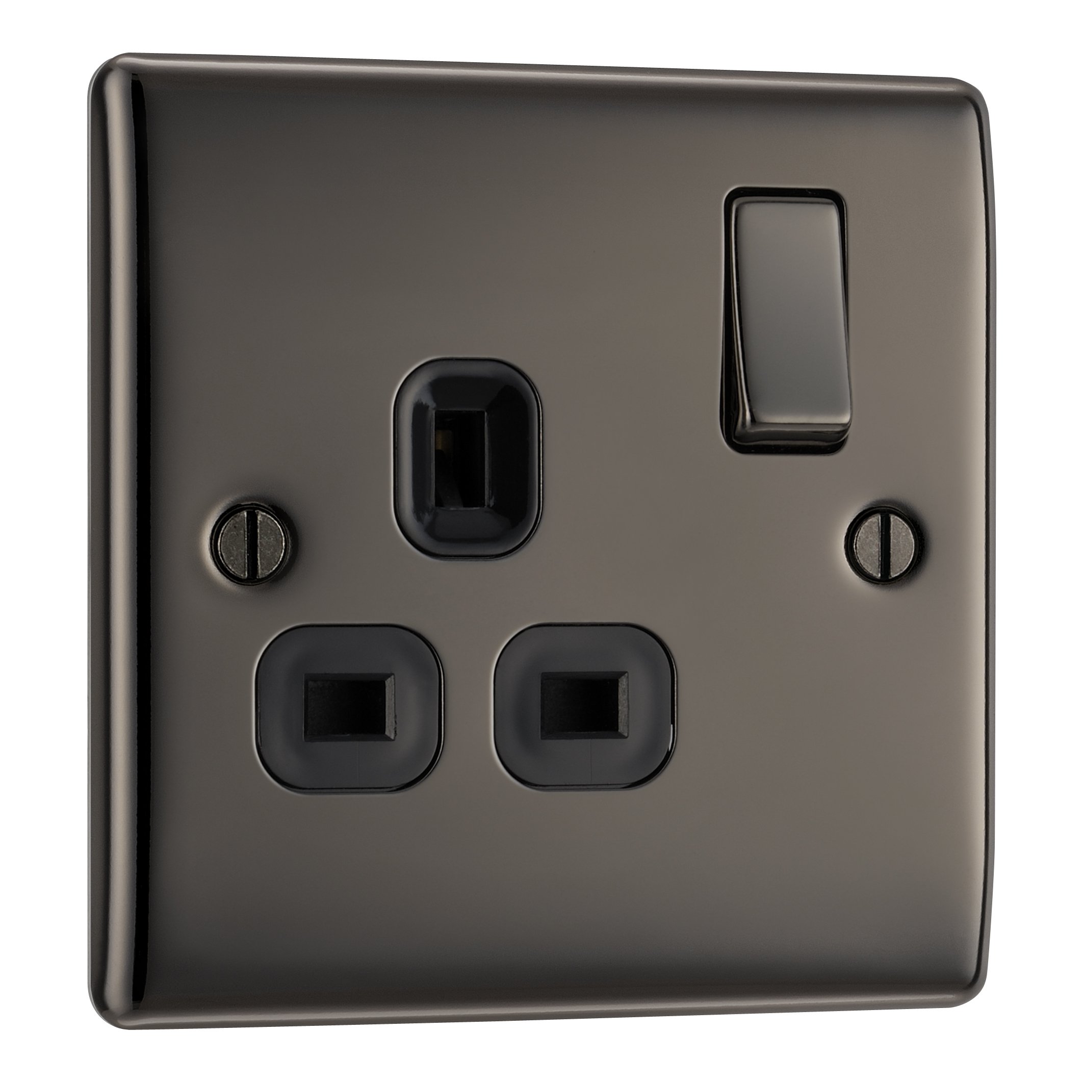 BG Electrical Single Switched Power Plug Wall Socket, Raised and Slim Profile, Round Edges, Nexus Metal, Black Nickel, 13A, NBN21B