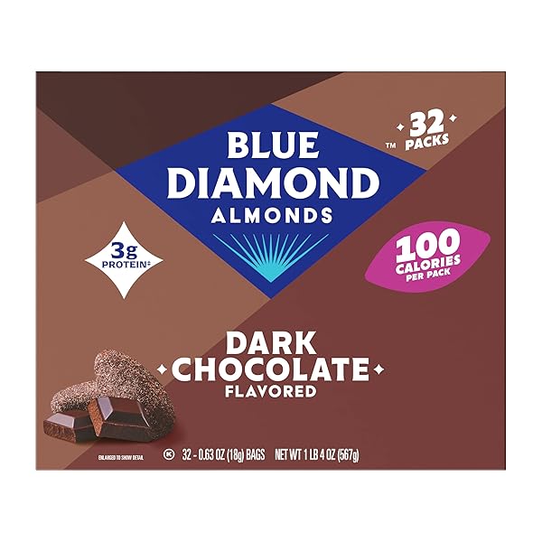 BLUE DIAMOND ALMONDS DARK CHOCOLATE COCOA DUSTED SNACK NUTS, 100 CALORIE PACKS, (PACK OF 1, 32 COUNT TOAL)