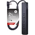 GE Pro 6-Outlet Surge Protector, 2 Ft Extension Cord, 620 Joules, Power Strip, Flat Plug, Integrated Circuit Breaker, Wall Mount, UL Listed, Black, 45170