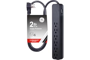 GE Pro 6-Outlet Surge Protector, 2 Ft Extension Cord, 620 Joules, Power Strip, Flat Plug, Integrated Circuit Breaker, Wall Mount, UL Listed, Black, 45170