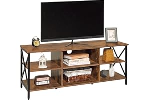 FIONESO Industrial TV Stand for 55 Inch TV, TV Stand with 6 Storage Shelves & Metal Frame, TV Console Table, Entertainment Ce