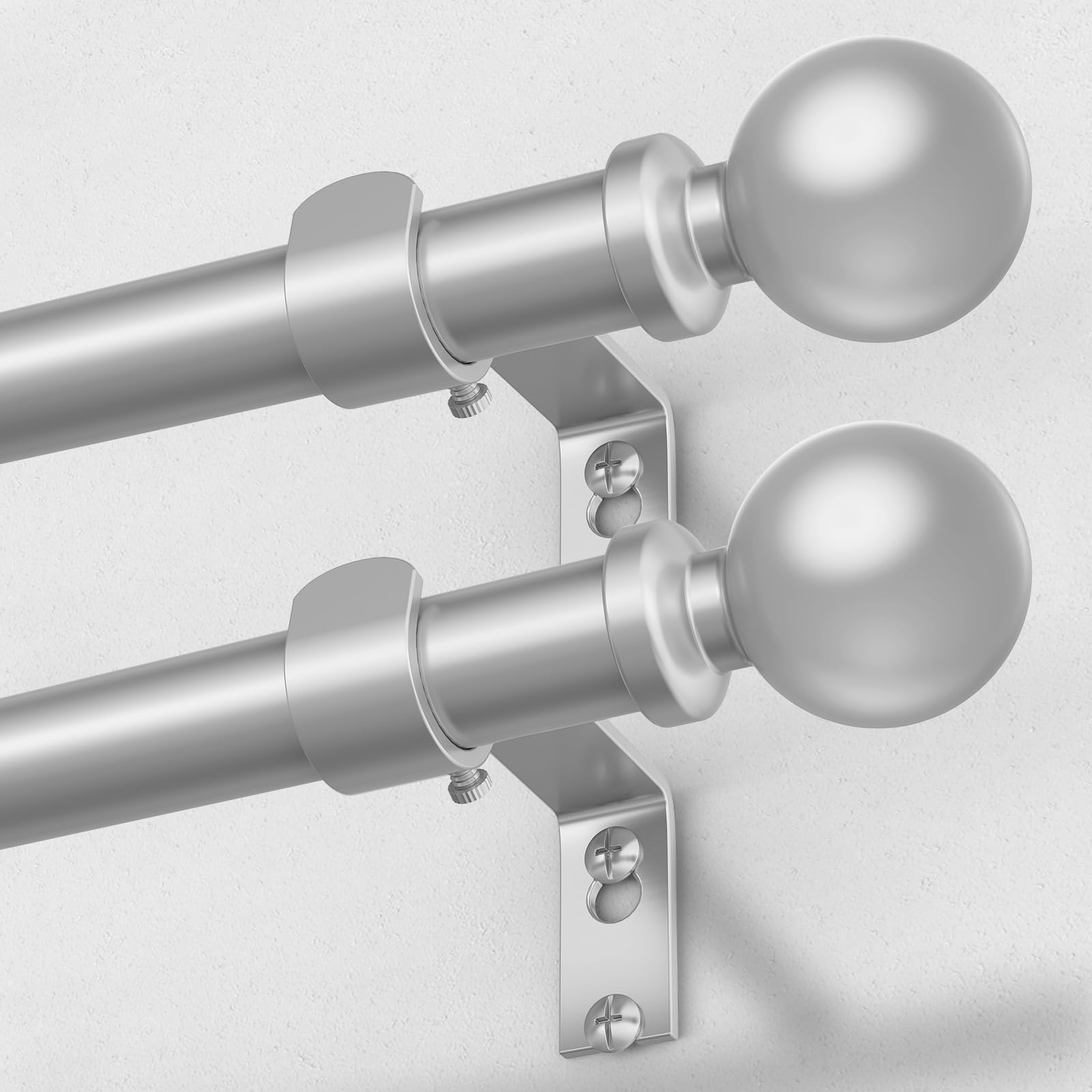 Photo 1 of 2 Pack Silver Curtain Rods for Windows 48 to 84 Inch, Adjustable Heavy Duty 1 Inch Diameter Decorative Curtain Rod with Round Finials, Modern Easy Install Extendable Metal Drapery Pole Set
