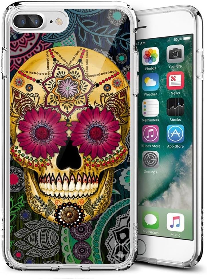 iPhone 7 Plus/iPhone 8 Plus Case, Sangkoo Gold Evil Sugar Skull Flowers Girl Art Pattern Design Soft TPU-Clear Case for iPhone 7 Plus(2016) & iPhone 8 Plus(2017)