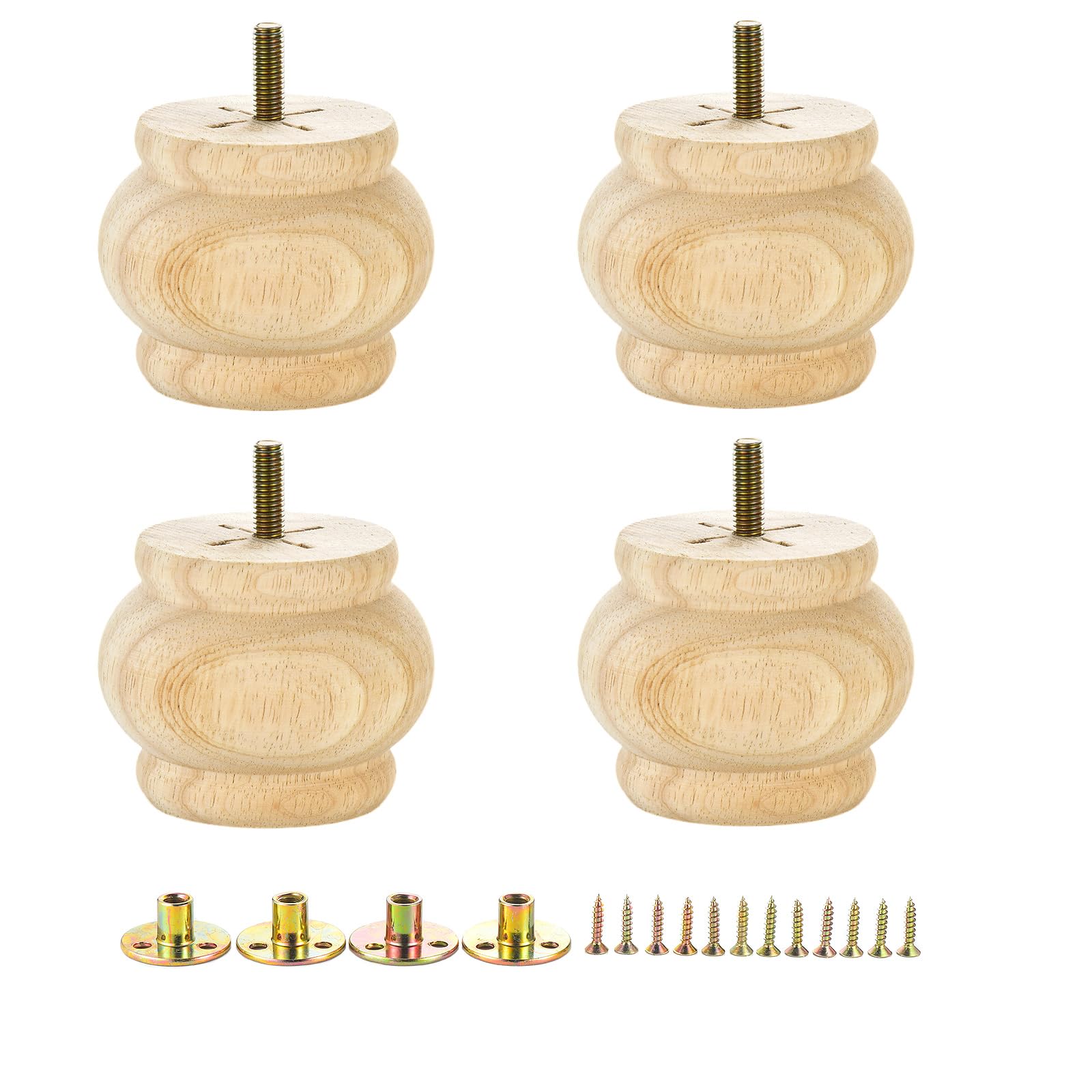 Mysummer Set of 4 Wooden Furniture Legs 2.56inches with M8 Predrilled Bolt Unfinished Bun Feet DIY Replacement for Sofa Couch Chair Ottoman Loveseat Cabinet Legs (unpainted)