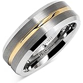 100S JEWELRY Tungsten Rings for Men Two Tone Silver Wedding Bands Gold Grooved Matte Finish Size 6-16