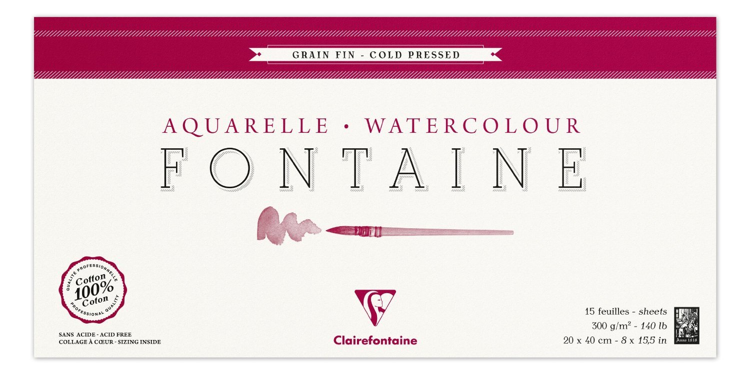 Clairefontaine - Ref 96437C - Fontaine Cold Pressed Watercolour Glued Pad (15 Sheets) - 20 x 40cm Size, 300gsm Paper - Suitable for Watercolour Artwork