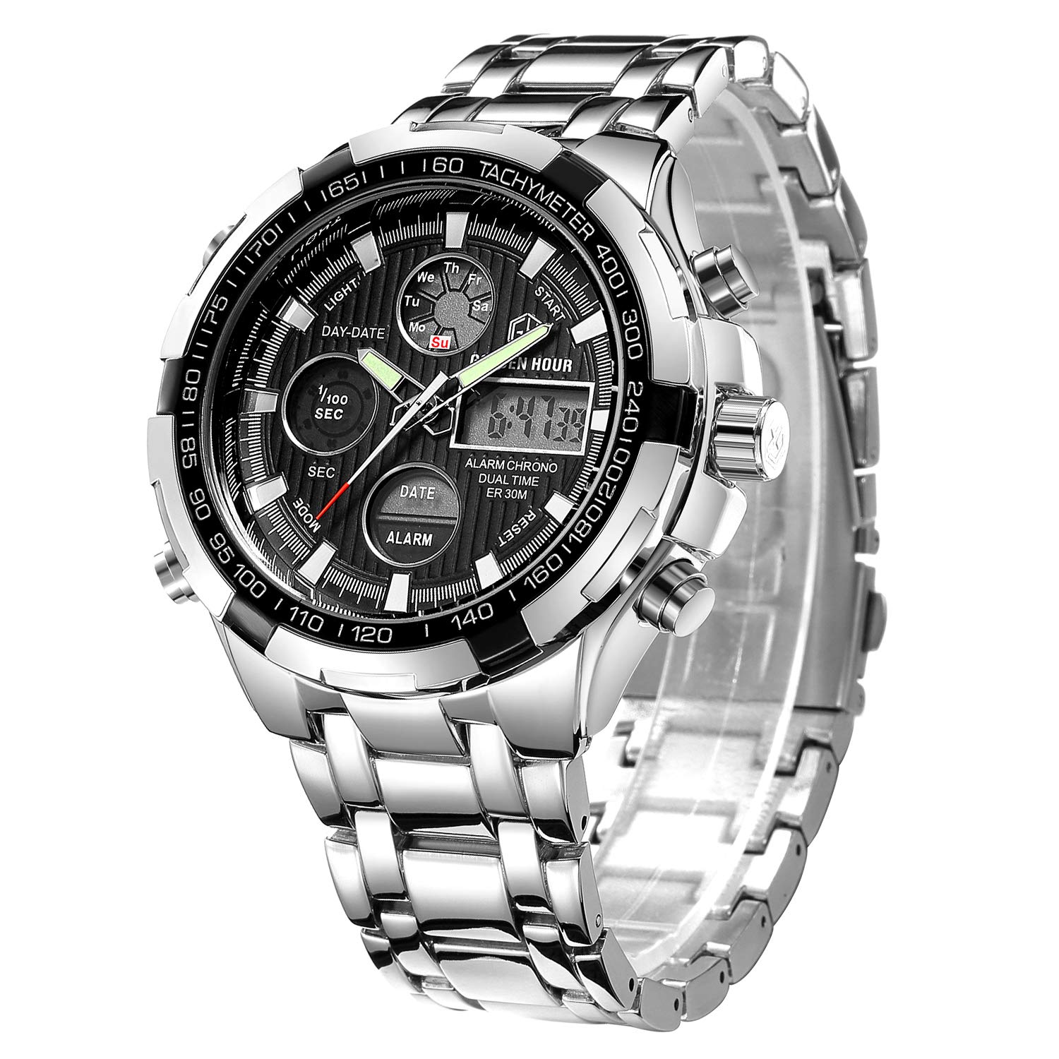 Affute Luxury Fashion Mens Watches Stainless Steel Heavy Sport Chronograph Waterproof Date Alarm Multifunction Analog Digital Watch-(Silver Black)