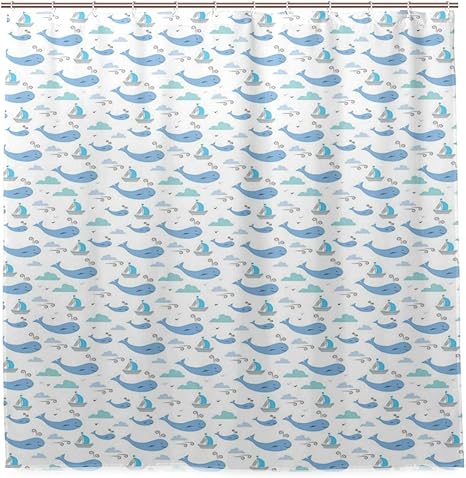Amazon Patinisa 防水シャワーカーテン クジラの海洋生物のイラスト船雲と風のおとぎ話の幸福の淡い 浴室 目隠し 間仕切り取付簡単 カーテンリング付属 おしゃれ バスカーテン 180ｘ180cm シャワーカーテン ホーム キッチン オンライン通販