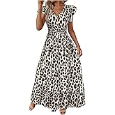 OYOANGLE Women's Leopard Print Ruffle Cap Sleeve A Line Maxi Dress V Neck Cinched Waist Cheetah Dresses