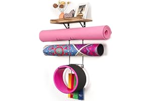 Bikoney Yoga Mat Holder Wall Mount Yoga Mat Storage Home Gym Accessories with Wood Floating Shelves and 4 Hooks for Hanging Foam Roller and Resistance Bands Fitness Home Gym Carbonized Black
