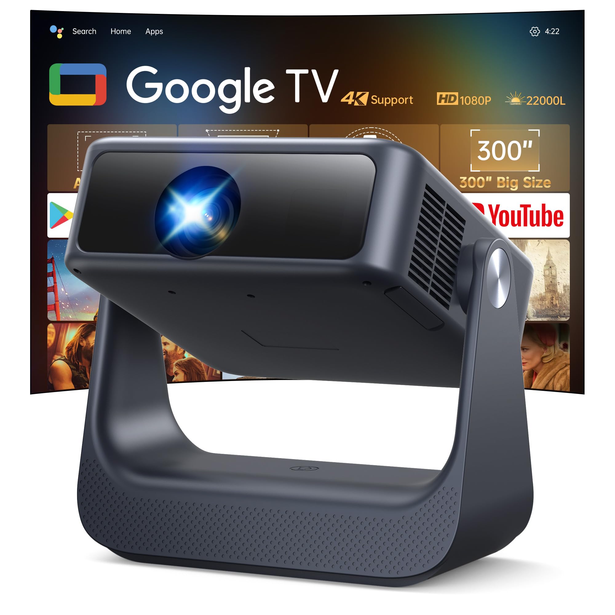 Photo 1 of ?Buit-in Google TV & Voice Control?Smart Projector with WiFi 6 and Bluetooth, 4K Support Movie Outdoor Projectors Compatible with Netflix/Prime Video/YouTube, Auto Focus Home Proyector 180°Stand