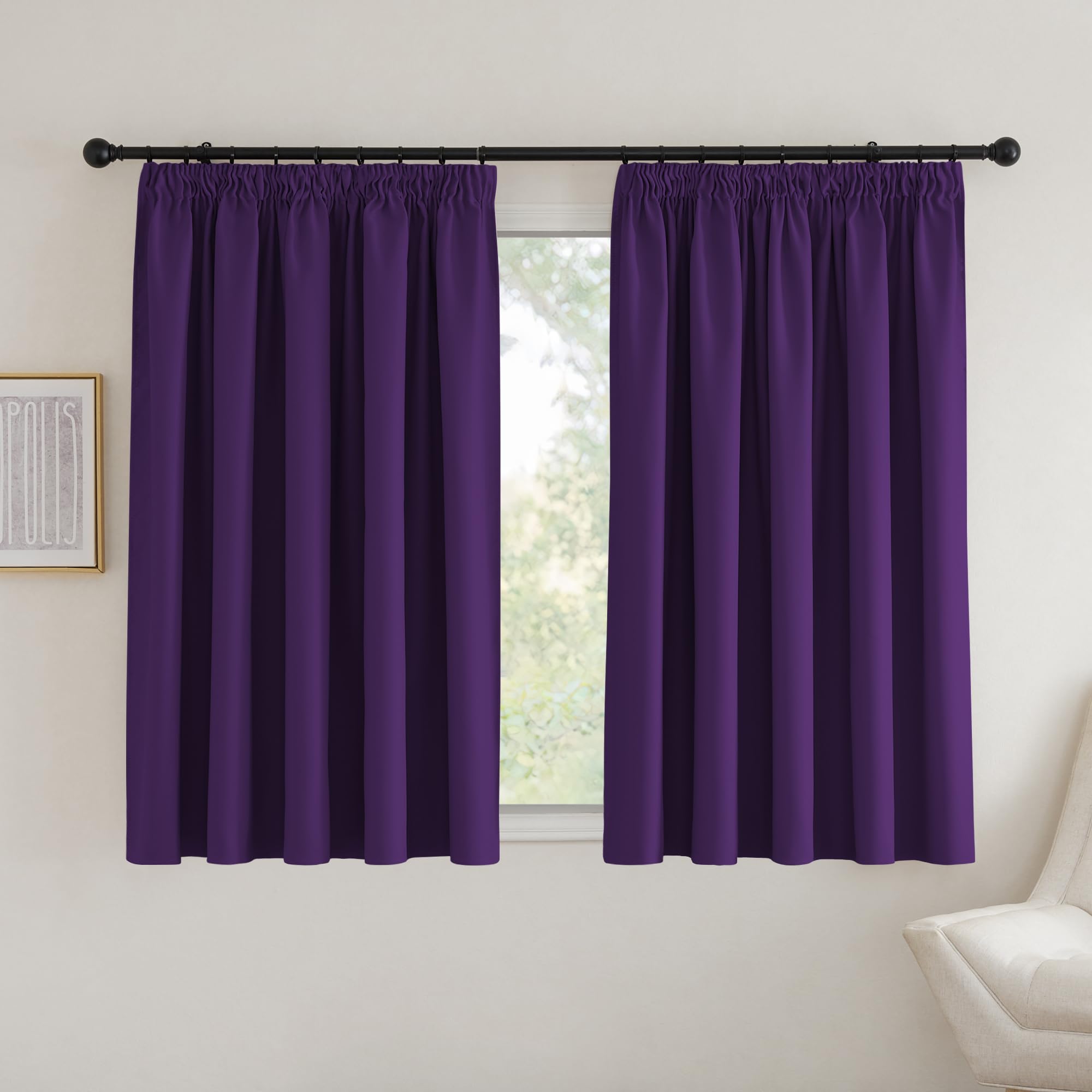 PONY DANCE Purple Blackout Thermal Curtains - Pencil Pleat for Bedroom Window Treatment with Hooks, 2 Panels, W90 x L54 Inch