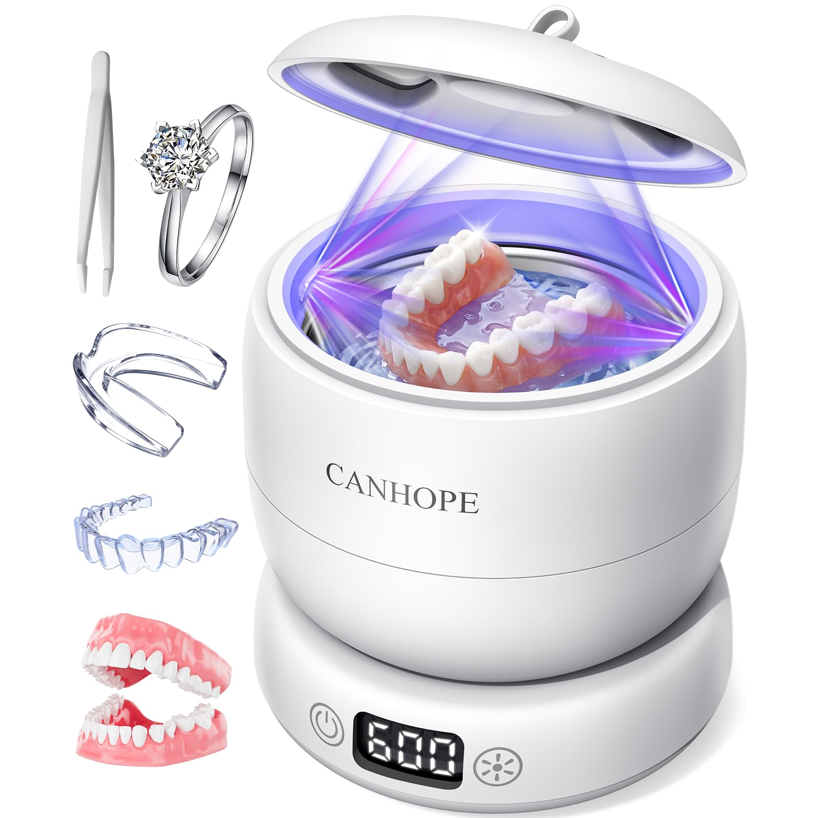 CANHOPE Ultrasonic Retainer Cleaner Machine, 42kHz Professional for Dentures, Aligners, Mouth Guards, Jewelry – IPX7 Waterproof Durable Removable Base and Top Cover, 3 Timer Settings, Quiet White