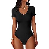 ANRABESS Bodysuits for Women V Neck Short Sleeve Body Suit Tops Slim Fit Ribbed Knit Soft Basic T-Shirts 2026 Summer Outfits