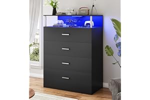 AOGLLATI Dresser for Bedroom with Column Design, 4 Drawer Dresser with Charging Station, Modern Bedroom Led Tall Black Dresser for Bedroom Closet