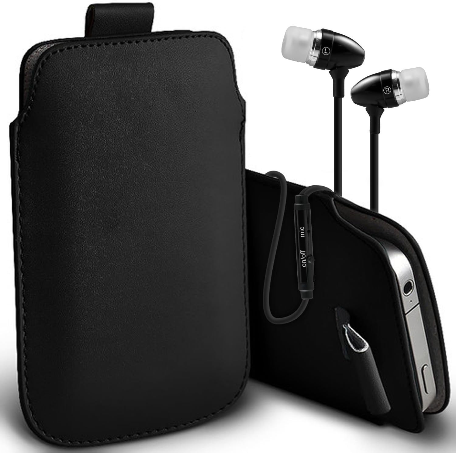 ( Black + Earphone ) Acer Liquid E700 Protective Stylish Fitted Faux Leather Pull Tab Pouch Skin Case Cover With Premium Quality in Ear Buds Stereo Hands Free Headphones Headset with Built in Microphone Mic and On-Off Button by ONX3