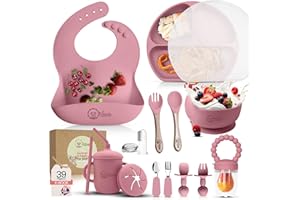O'doe 17-Piece BPA-Free Silicone Baby Feeding Set | Thick & Soft Suction Plates, Baby Bowls, Wooden Fork & Spoon, and More | Make Mealtime Fun and Easy for Your Little One | Pink, V2