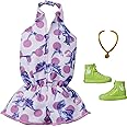 Barbie Doll Clothes Inspired by Jurassic World: Dominion, Complete Look, 2 Accessories, Shorts Romper with Pink Polka Dot & Dinosaur Print, Lime Green Boots & Necklace, Gift for Kids 3 to 8 Years Old