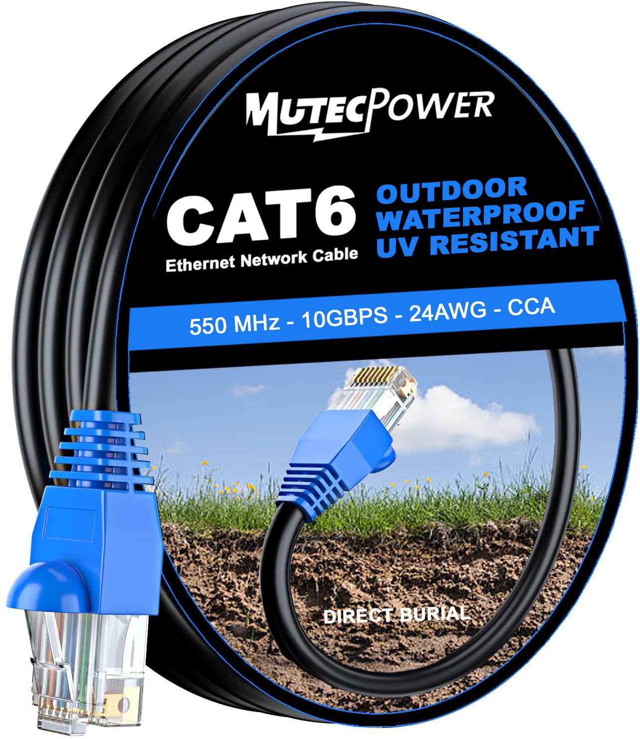 MutecPower 15m CAT6 Outdoor waterproof Direct Burial Ethernet Network Cable - UTP - CCA - 550 Mhz - Black 15 meter with Cable Ties — image 1