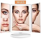 Lighted Makeup Vanity Mirror with Lights and Magnification, 38 LED 3X 2X 1X Magnifying Trifold Tabletop  Light Up Cosmetic Mirror, Touch Screen Diammable, Batteries or USB Operated