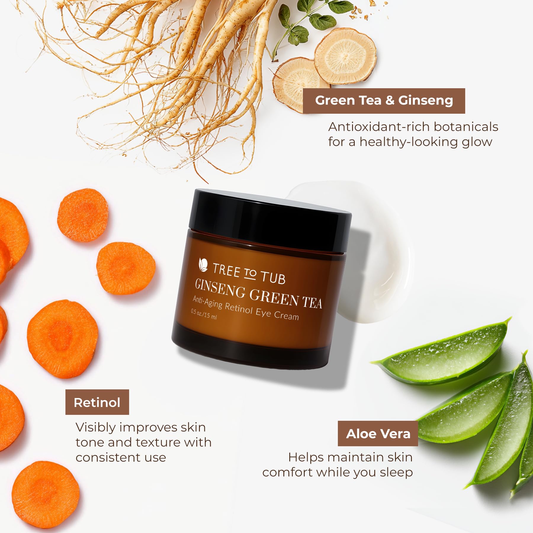 Tree to Tub Retinol Under Eye Cream for Dark Circles, Puffiness, Wrinkles, Bags Under Eyes - Sensitive Skin Night Eye Moisturizer for Women & Men w/Hyaluronic Acid, Organic Green Tea, Natural Ginseng