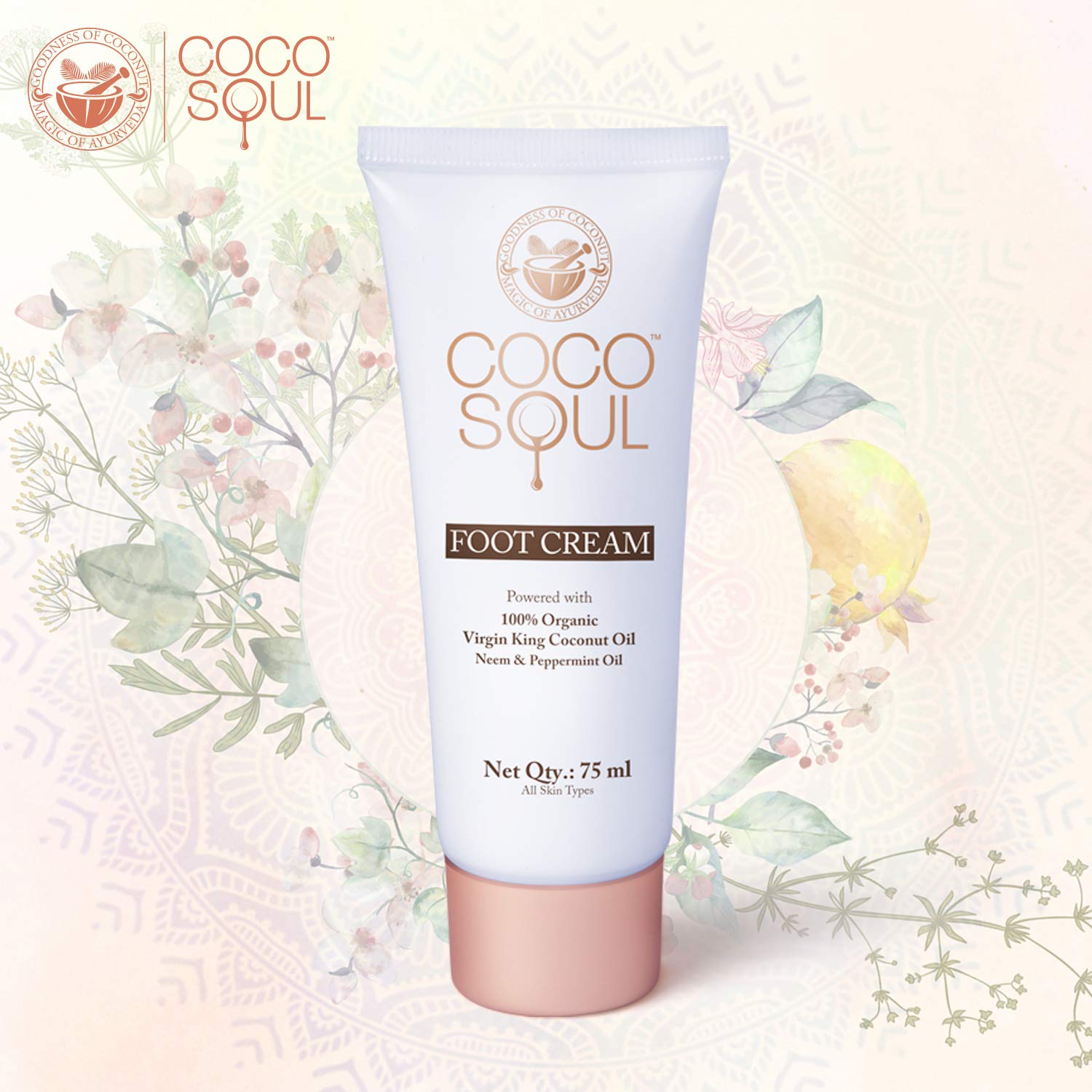 Coco Soul Ayurvedic & Coconut Foot Cream - 2.53 fl.oz. (75ml) - Neem & Peppermint Oil, Virgin King Coconut, Sulphate Free, Petroleum Free, Paraben Free, Silicone Free, Cruelty Free : Beauty