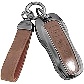 YO&YOYE Compatible with Porsche Key Fob Cover with Keychain Leather Key Case Protector Fit for Porsche Cayenne 911 Taycan Panamera, Brown