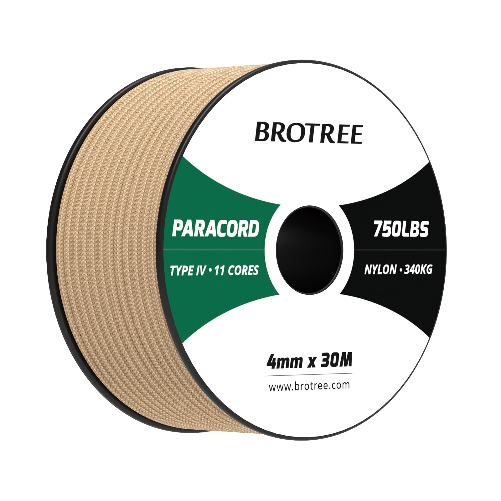 Brotree Paracord 4mm 30M 100% Nylon Rope 11 Strands 750lb Parachute Cord Type IV for Survival, Outdoor and DIY - 340kg Breaking Load (Khaki)