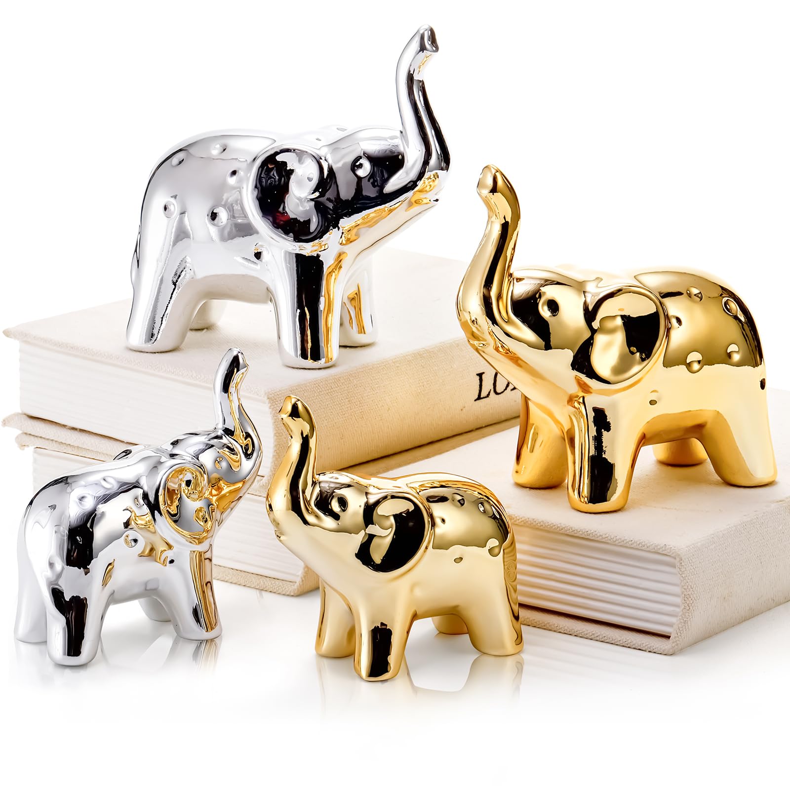 Photo 1 of Pumtus 4 Pcs Elephant Statue Home Decor, Modern Style Ceramic Elephants Figurine, Small Cute Decorative Lucky Animal Sculpture for Living Room Bookshelf Desktop Office (Gold & Silver)
