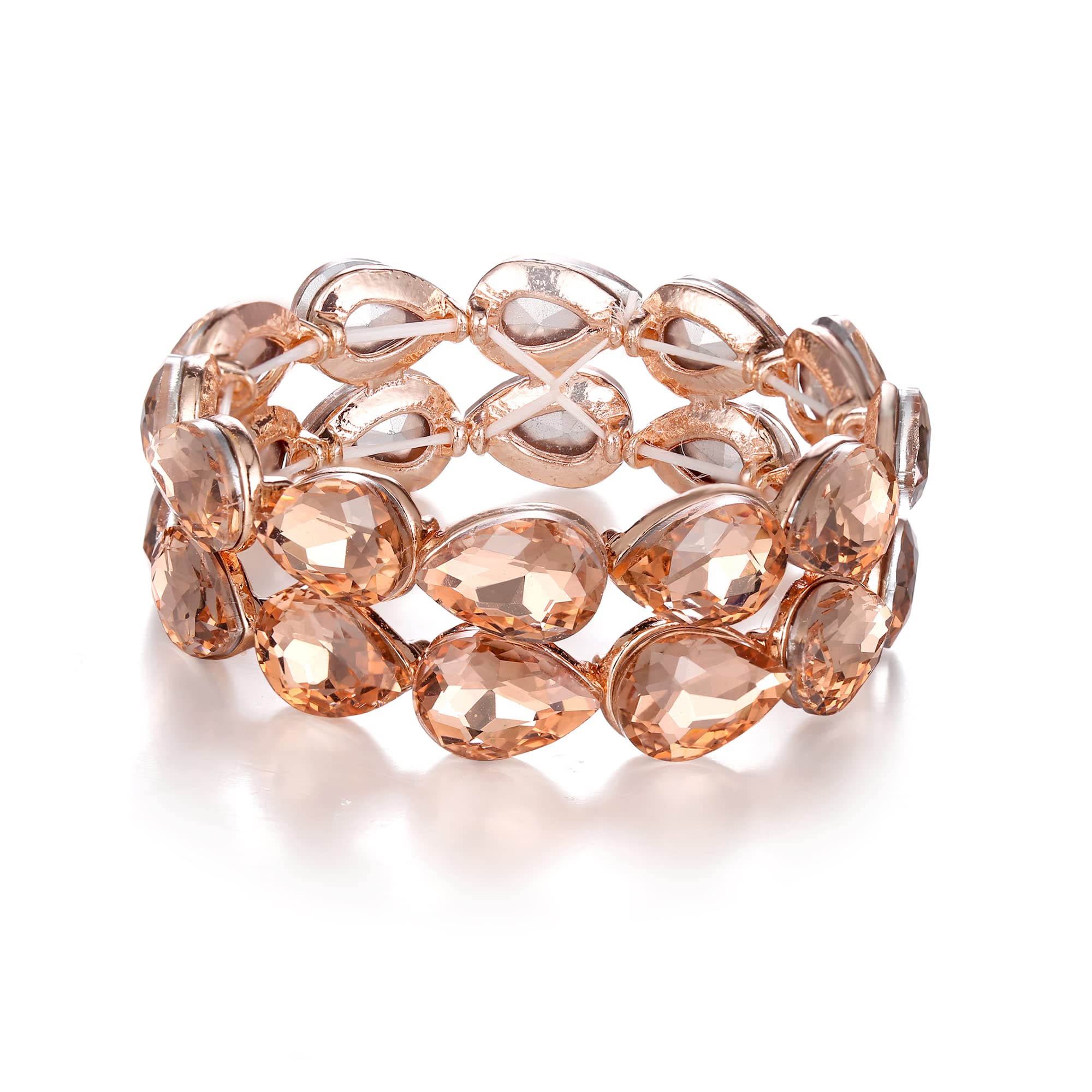 Clearine Wedding Bridal Elegant Bangle Crystal Double Row Teardrop Cluster Stretch Bracelet for Women Brides Peach Morganite Rose Gold-Tone — image 1
