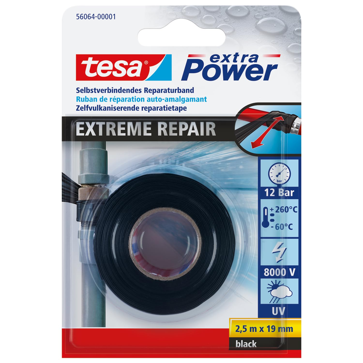 tesa Extra Power Extreme Repair Tape - Self-Fusing Repair Tape Made of Silicone for Insulation and Sealing - 2.5 m - Black