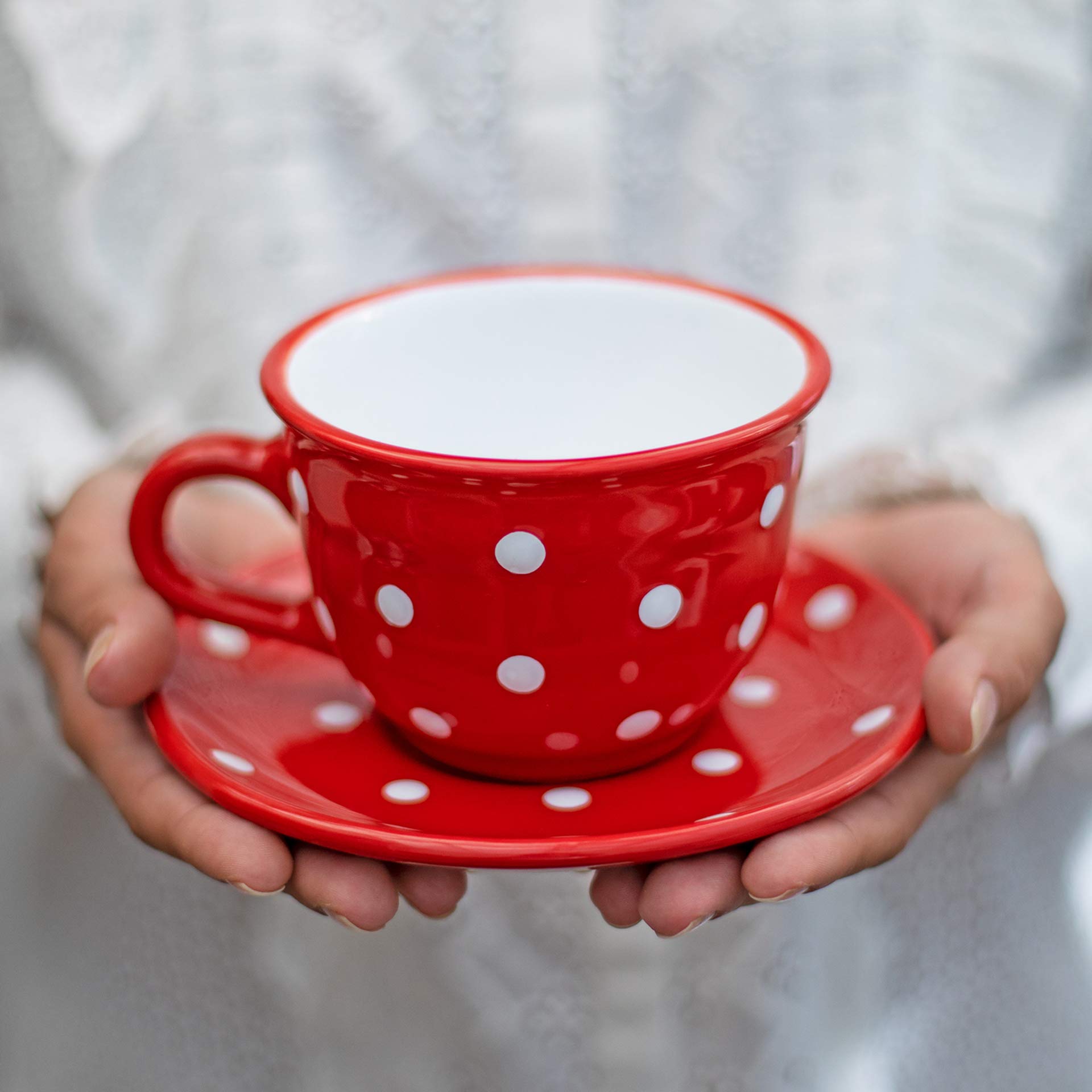 City to Cottage® Red and White | Polka Dot Spotty | Designer Handmade Hand Painted | Large Unique Ceramic 12oz/350ml | Cappuccino Coffee Tea Cup with Saucer | Gift