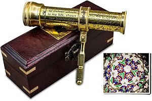 SAILOR'S ART Polished Brass Kaleidoscope with Handheld Stick & Wooden Box, Educational Vintage Collection, Antique Birthday Gift, Solid Brass 5.5 Inch for Adults & Friends