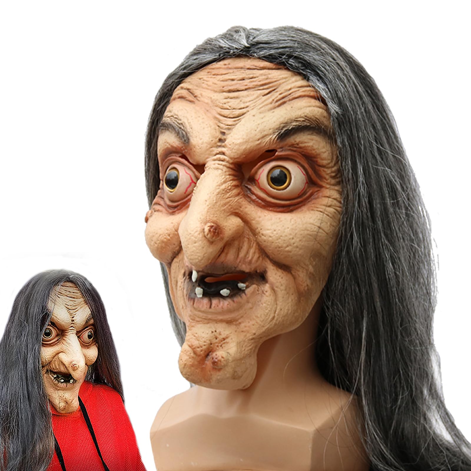 Micacorn Halloween Witch Mask Scary Old Woman with Long Hair Creepy Full Face Latex Mask Realistic White Witch Face Mask with Wig for Halloween Carnival Party Cosplay Costume Decorations