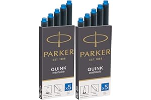 Parker Quink Washable Ink Fountain Pen Refill Cartridges, 10 Blue Ink Refills (3016031PP) (10 Cartridges, Blue)