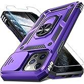Janmitta Case for iPhone 15 Phone Cover Built in Slide Camera Lens Cover+Screen Protector,Heavy Duty Shockproof Full Body PhoneCase with Finger Ring Holder Kickstand,Purple