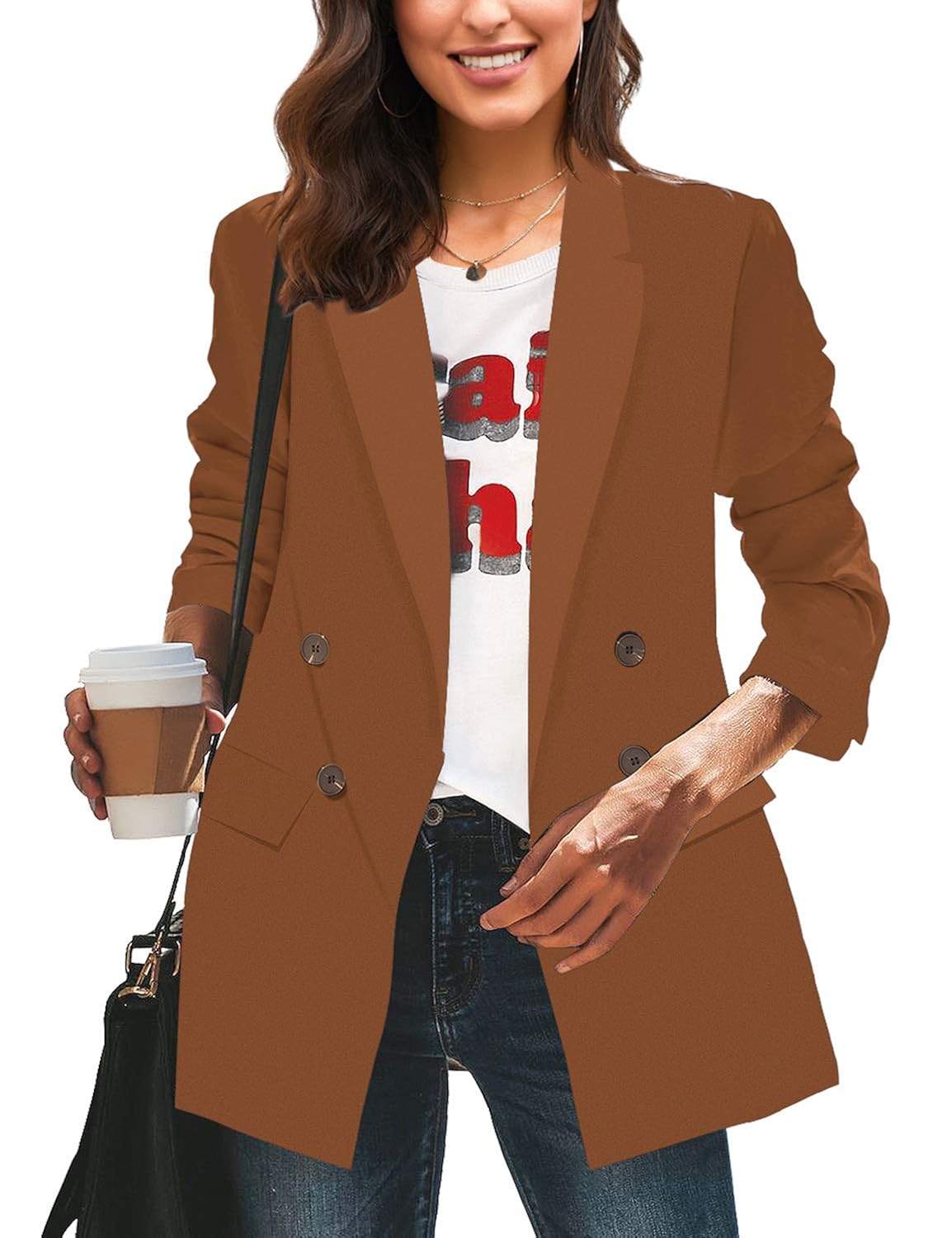 Buy LookbookStore Women Casual Brown Loose Long Blazers for Women