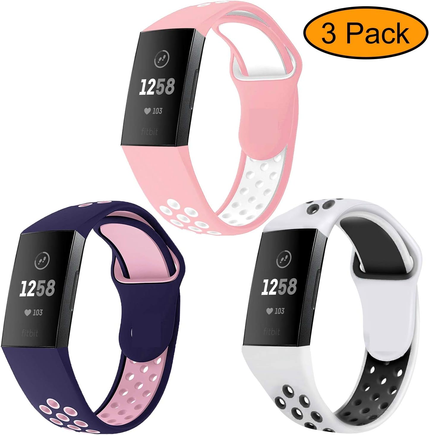Neitooh 3 Packs Bands Compatible with Fitbit Charge 3/Charge 3 SE for Women and Men,Soft Silicon Waterproof Replacement Sports Strap with Breathable Holes