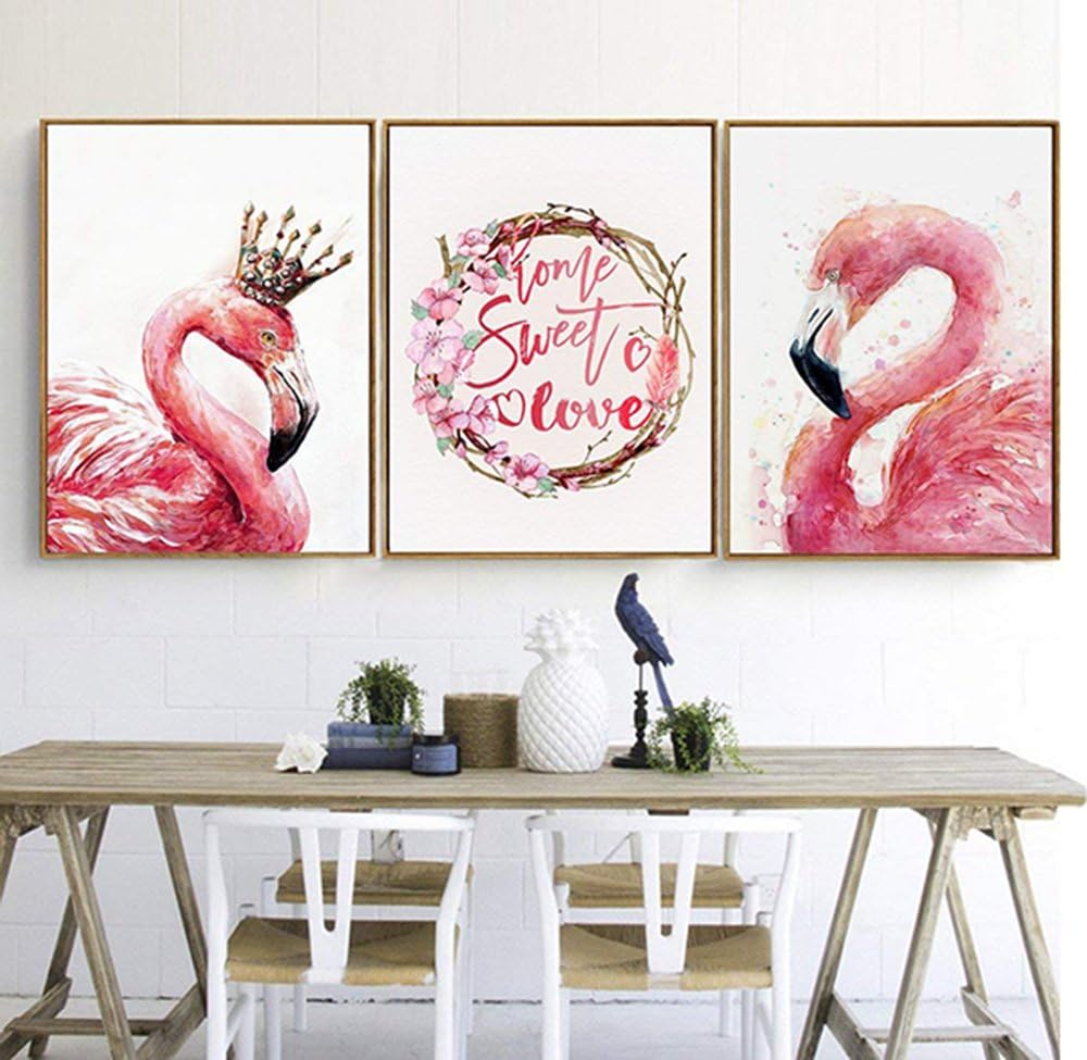 Canvas Print Wall Decor Art Flamingo King and QueenTropical Pink Sweet Love Oil Paintings Home Decorations Set of 3 Pieces 30" x 40" Each Panels Living Room Watercolor Pictures Wooden Plastic Frame