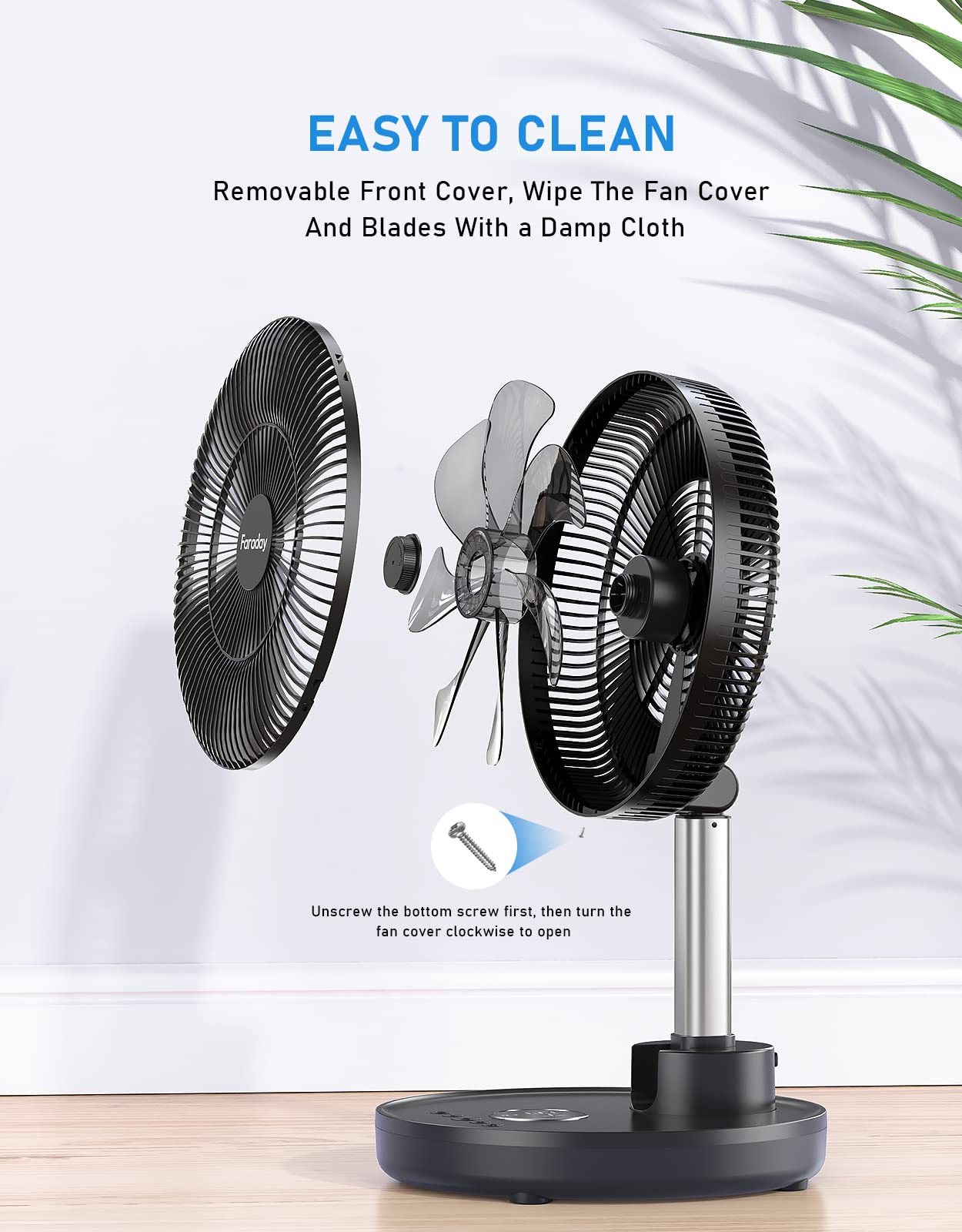 FARADAY Oscillating Standing Fan 12” Foldable Portable Quiet Floor Fan 12000mAh Rechargeable Pedestal Fan with Remote, Timer Setting, Height Adjustable Foldaway Fan for Bedroom Home Office, 6 Speed