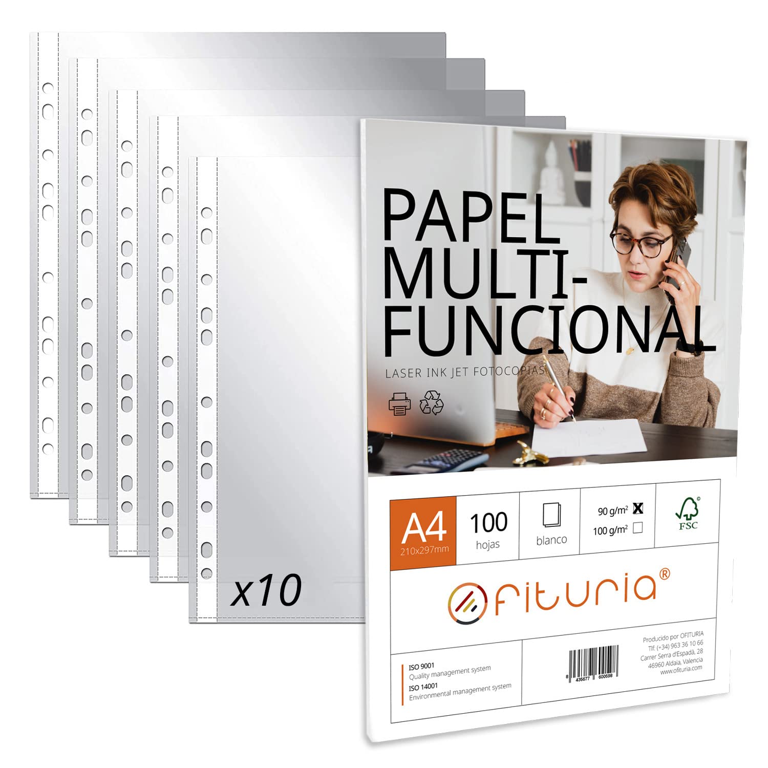 Ofituria - A4 Transparent Multi-Drill Plastic Sleeves + Pack of A4 Sheets 100 Sheets 90 g Multipurpose (10 Sleeves + Pack 90 g/m2)