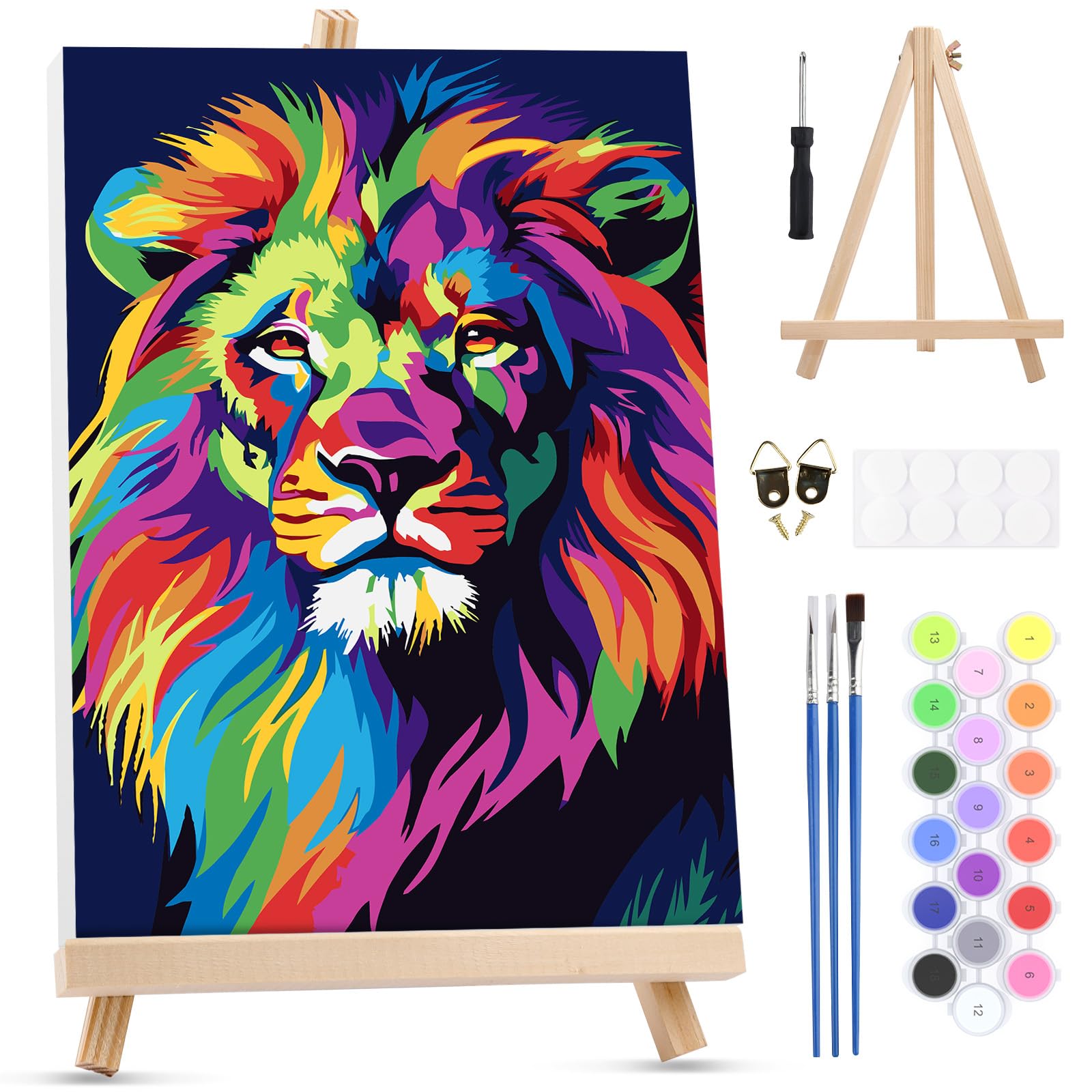 MXJSUA Colorful Lion Paint by Numbers Kit with Frame for Adults, Animal Easy Beginners Paint by Number on Canvas with Easel, Acrylic Number Painting Craft Gifts for Home Decor, 20x30cm