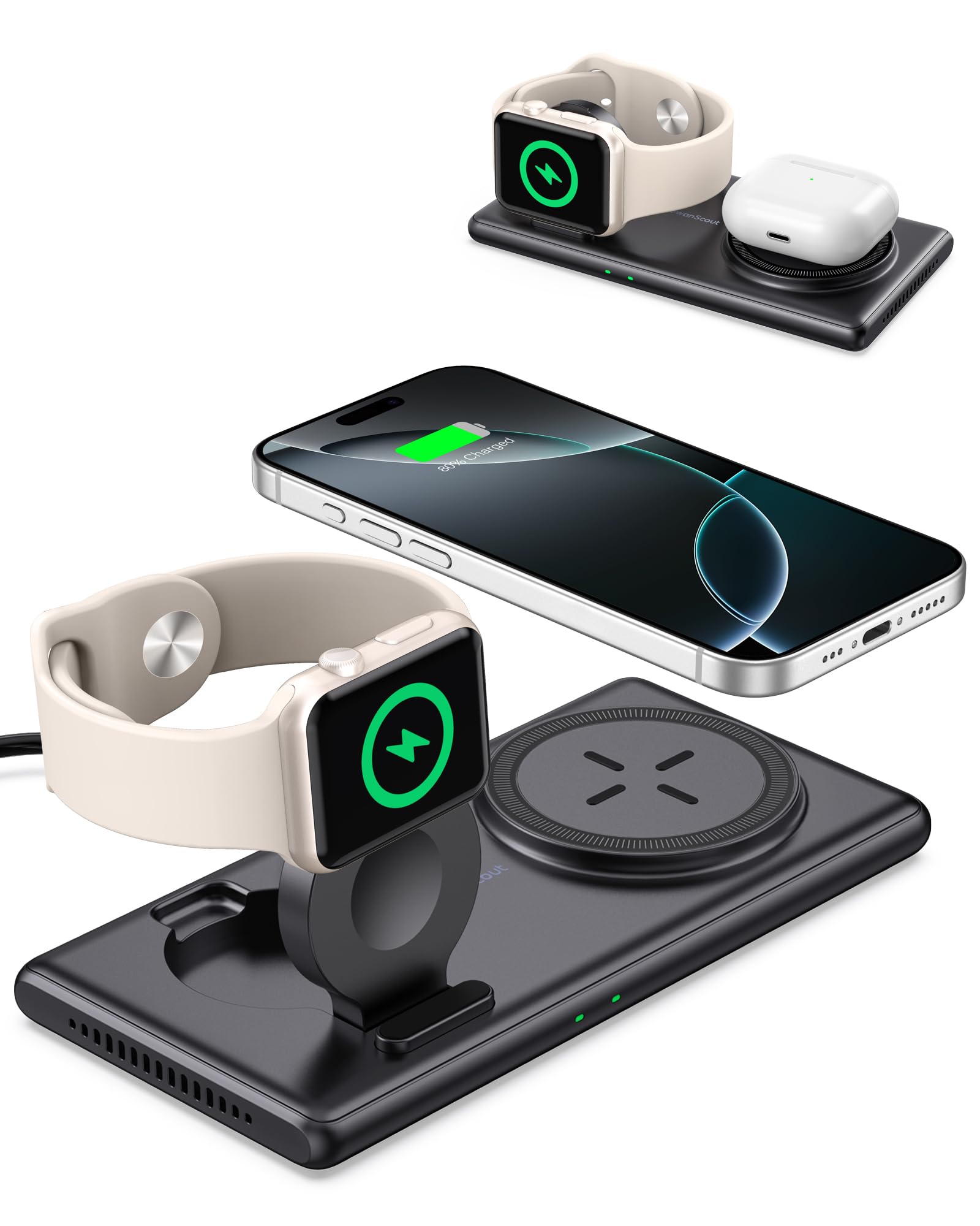Magnetic Wireless Charger for iPhone, 2 in 1 Charging Station for iPhone 17e/Air/17 Pro/17 Pro Max/17/16/15/14/13/12, Charging Stand for Apple Watch 11/Ultra 3/SE 3/9/8/7/6/5/4/3 & Airpods 3/2/Pro/2