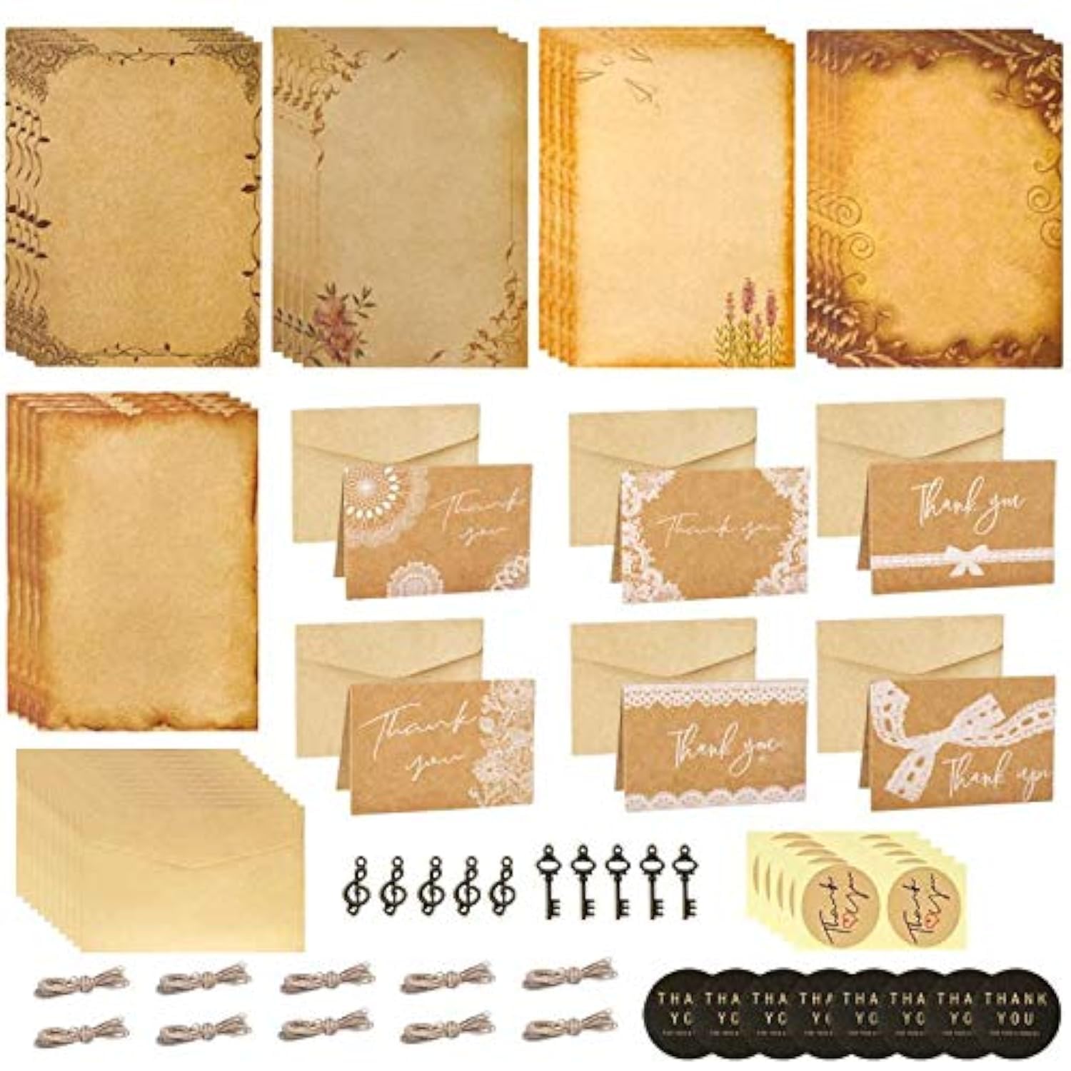 Qianqian Vintage Stationery Set, Includes 20 Pieces Writing Paper, 10 Envelopes, Hemp Rope, Metal Accessories, Stickers, Blank Postcards - Retro, Beige, Kraft Paper